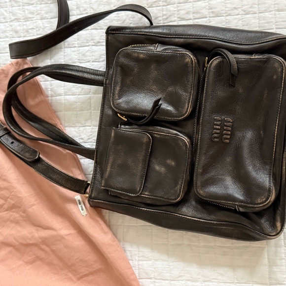 Miu Miu Brown Distressed Leather Crossbody Bag - Picture 3 of 6